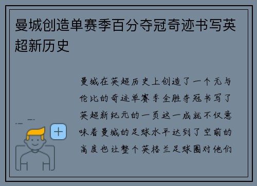 曼城创造单赛季百分夺冠奇迹书写英超新历史